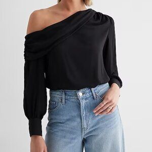 Off The Shoulder Draped Balloon Sleeve Bodysuit BLACK   SIZE SMALL  NWT